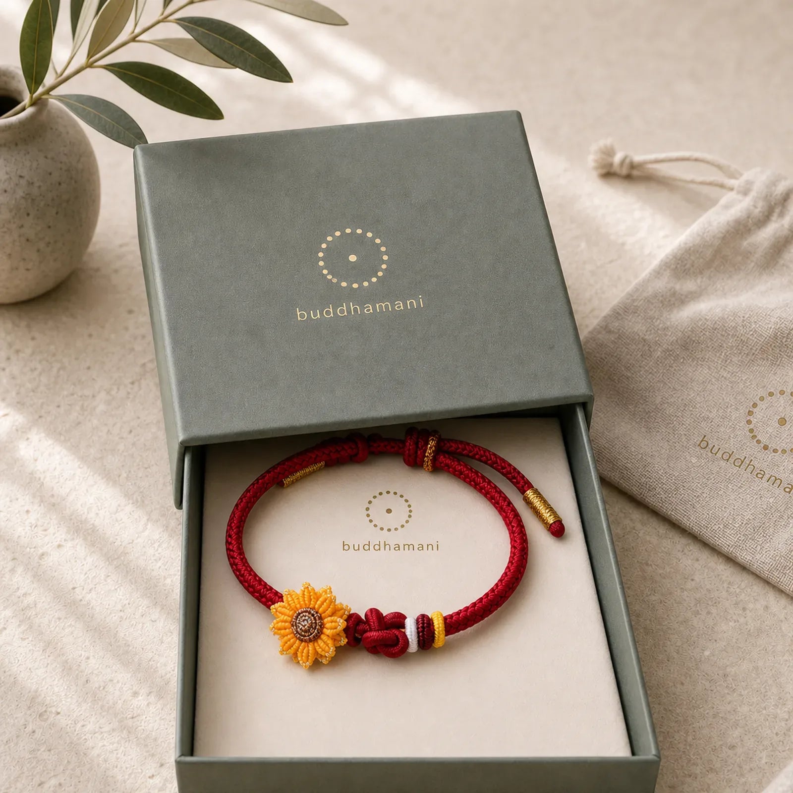 Hand-Woven Red String Sunflower Luck Bracelet featuring Red String, Copper