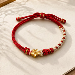Hand-Woven String Peach Blossom Knotting Connection Double Layer Bracelet featuring Red String, Copper