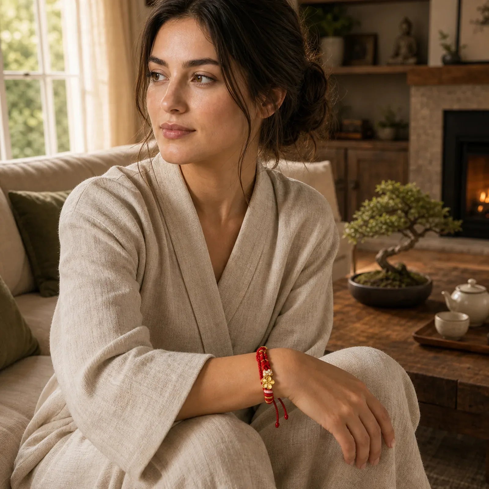 Hand-Woven String Peach Blossom Knotting Connection Double Layer Bracelet featuring Red String, Copper