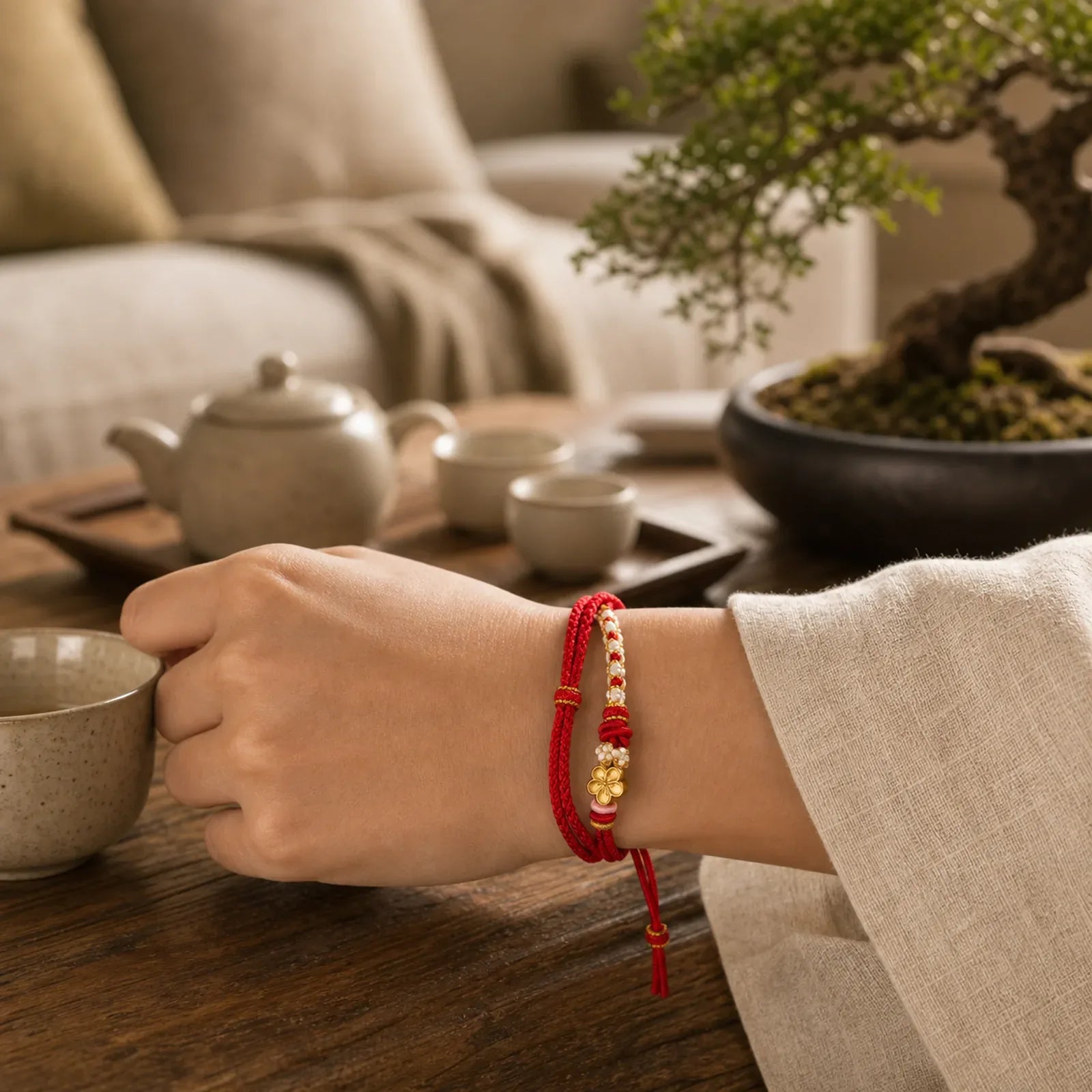 Hand-Woven String Peach Blossom Knotting Connection Double Layer Bracelet featuring Red String, Copper