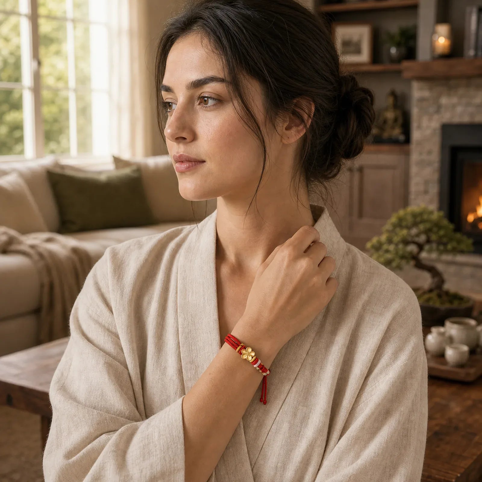 Hand-Woven String Peach Blossom Knotting Connection Double Layer Bracelet featuring Red String, Copper