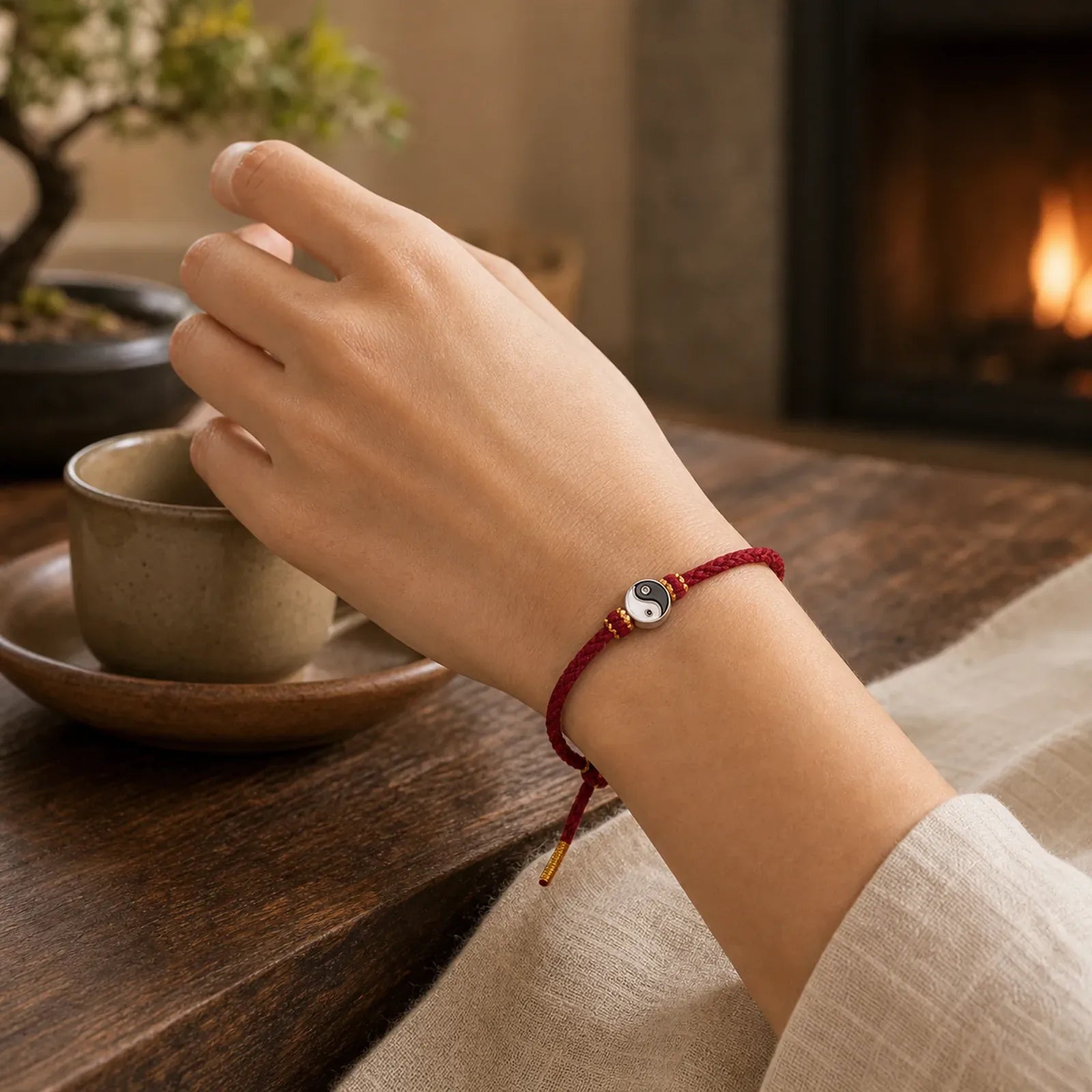 Hand-Woven Yin Yang Red String Lucky Adjustable Braided Cord Bracelet featuring Red String, Yin Yang Symbol, Copper