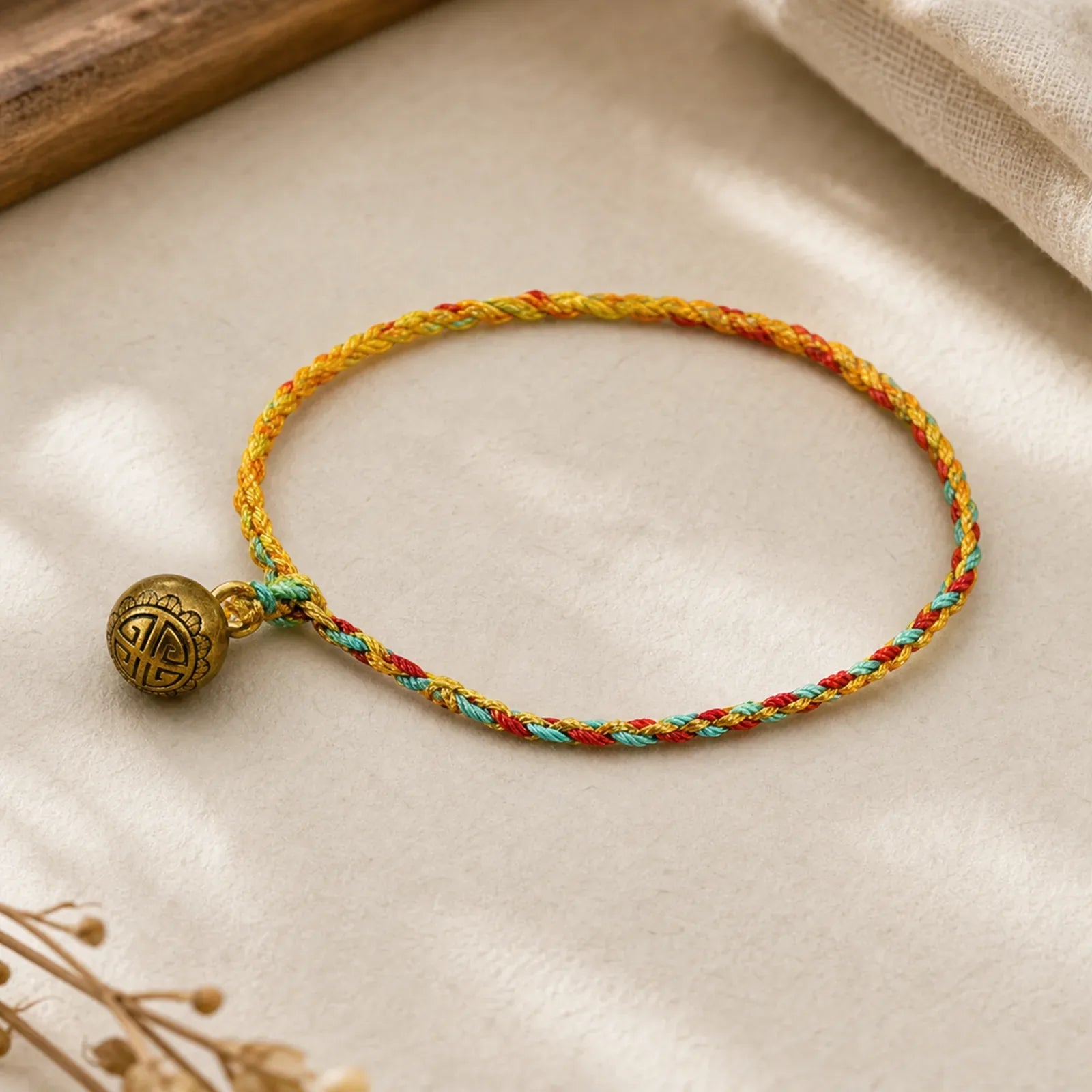 Hand-woven Colorful String Bell Balance Braided Bracelet featuring Copper