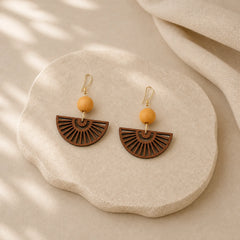 Handcrafted Fan Shape Wooden Simplicity Earrings featuring Textured Natural Wood, Copper, Silver