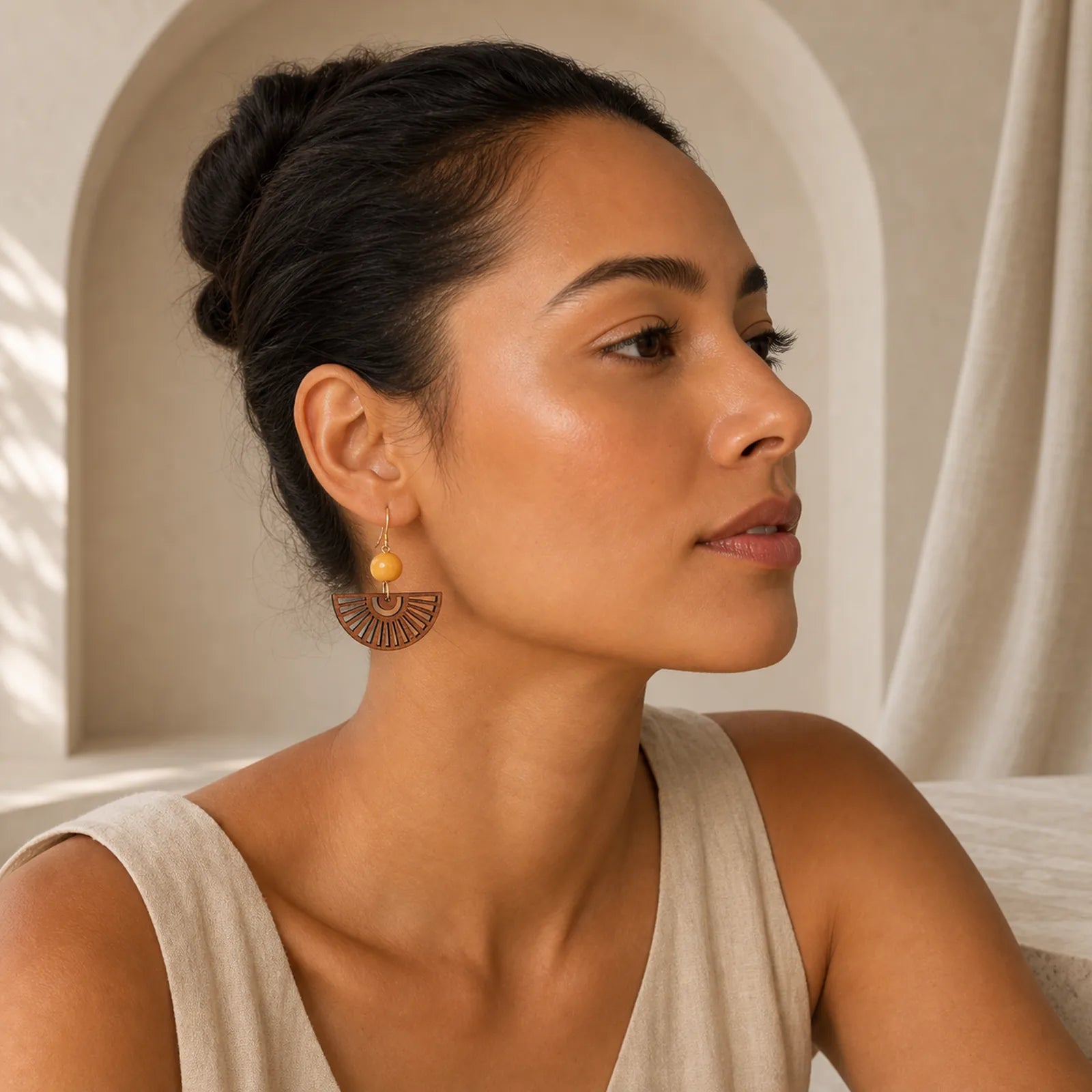 Handcrafted Fan Shape Wooden Simplicity Earrings featuring Textured Natural Wood, Copper, Silver