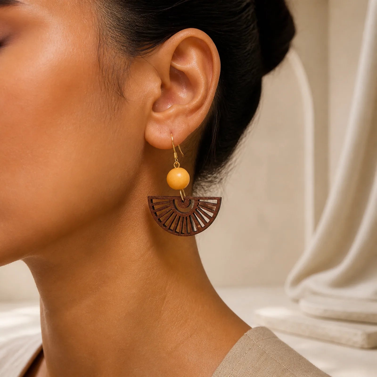 Handcrafted Fan Shape Wooden Simplicity Earrings featuring Textured Natural Wood, Copper, Silver