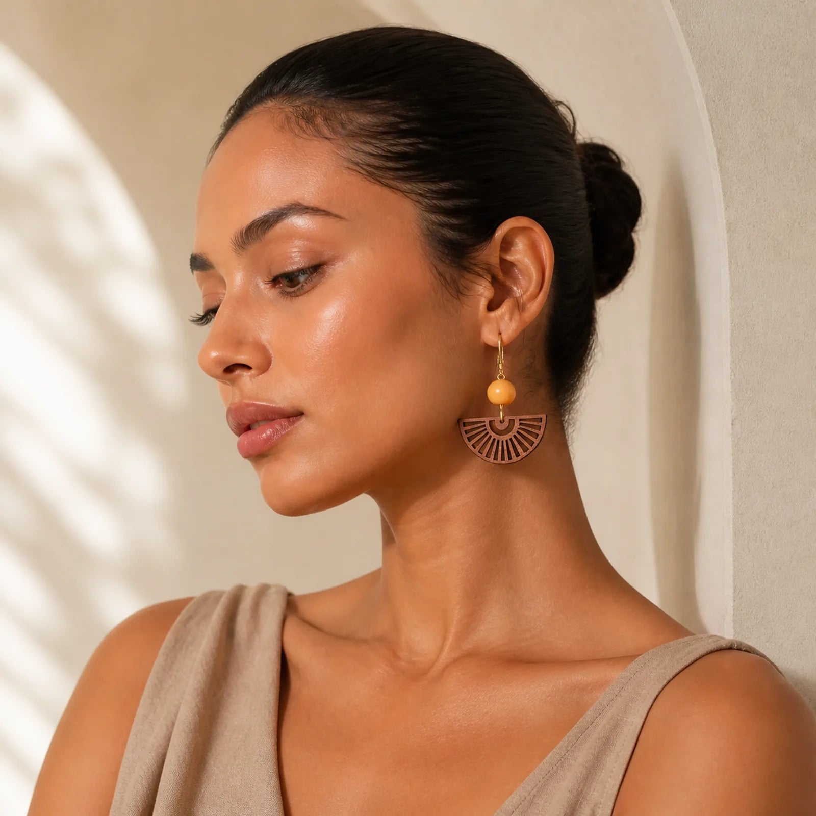 Handcrafted Fan Shape Wooden Simplicity Earrings featuring Textured Natural Wood, Copper, Silver
