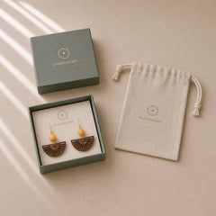 Handcrafted Fan Shape Wooden Simplicity Earrings featuring Textured Natural Wood, Copper, Silver