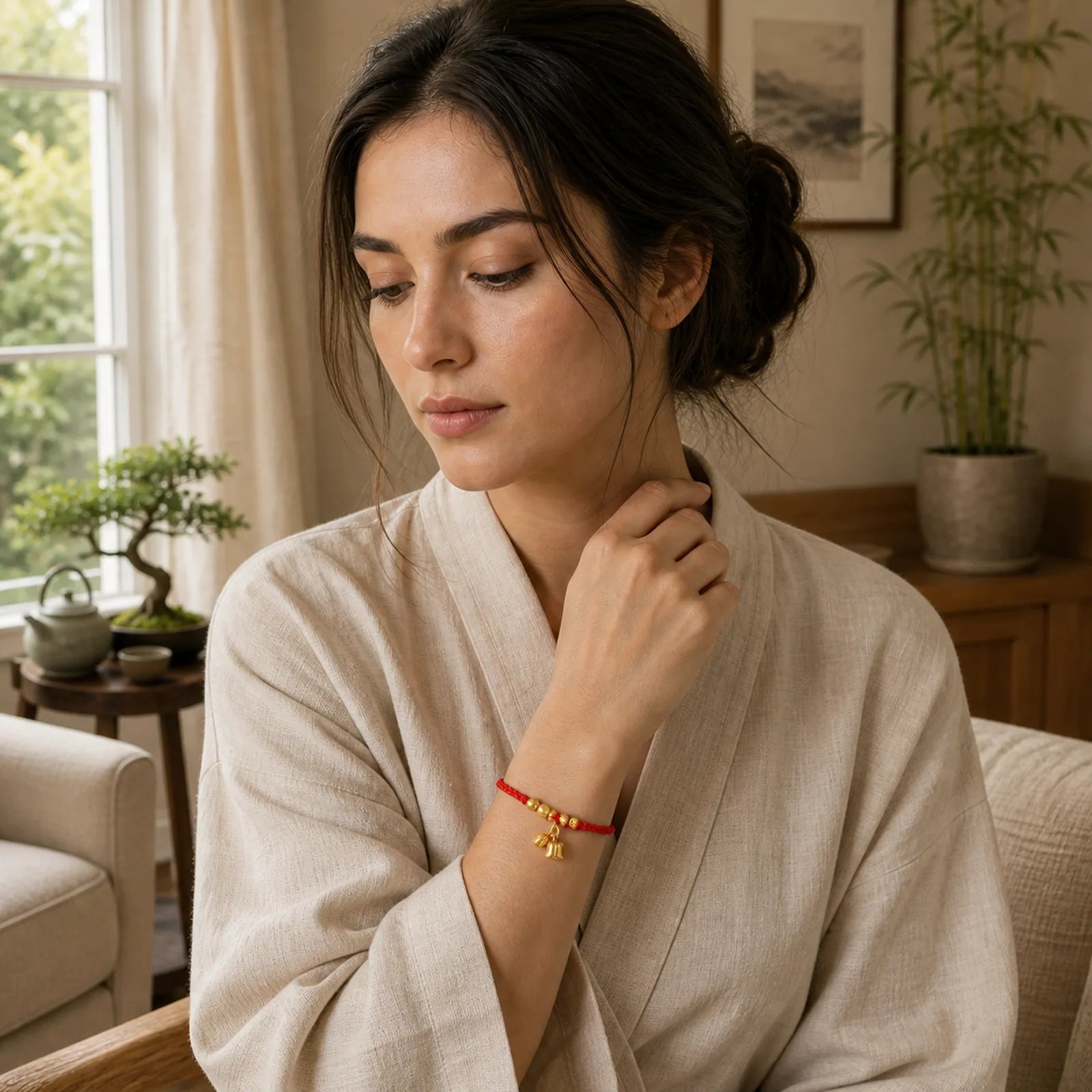 Handcrafted Lily Of The Valley Flower Charm Design Luck Protection Braided Bracelet featuring Red String