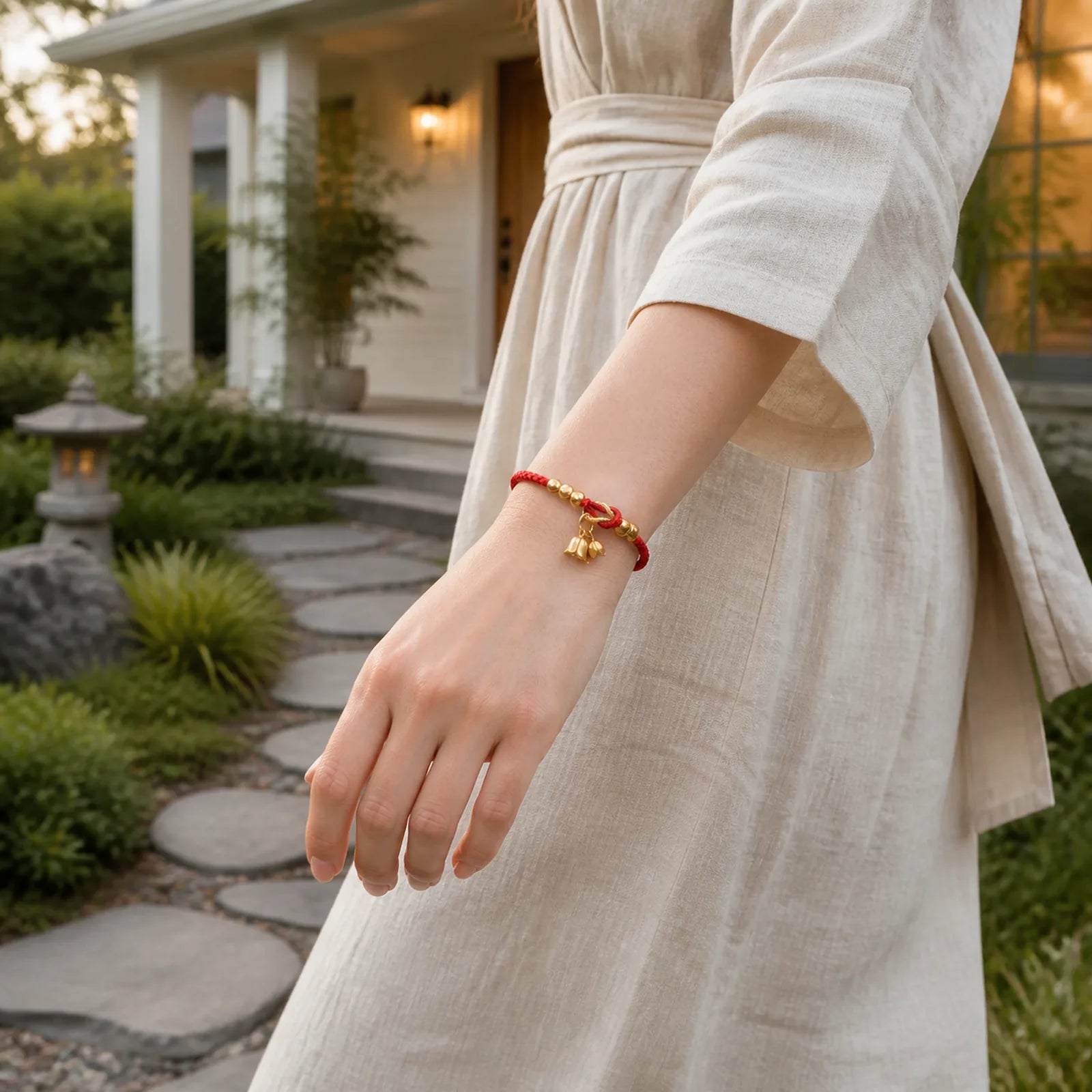 Handcrafted Lily Of The Valley Flower Charm Design Luck Protection Braided Bracelet featuring Red String