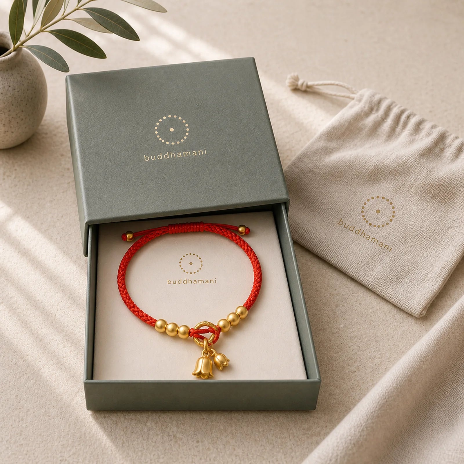 Handcrafted Lily Of The Valley Flower Charm Design Luck Protection Braided Bracelet featuring Red String