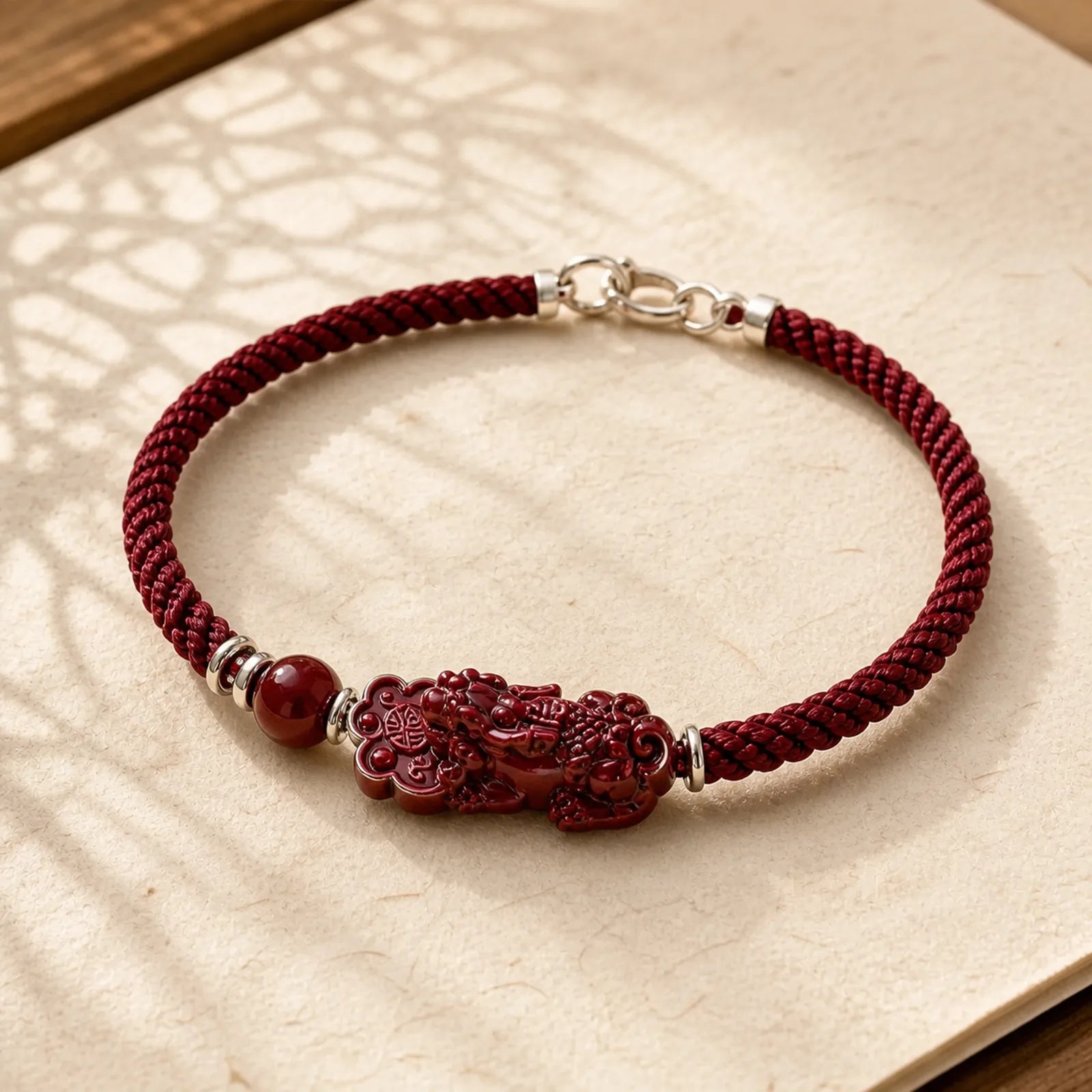 Handcrafted PiXiu Cinnabar Wealth Luck Braided Bracelet featuring Pixiu, Cinnabar, Red String
