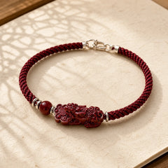 Handcrafted PiXiu Cinnabar Wealth Luck Braided Bracelet featuring Pixiu, Cinnabar, Red String