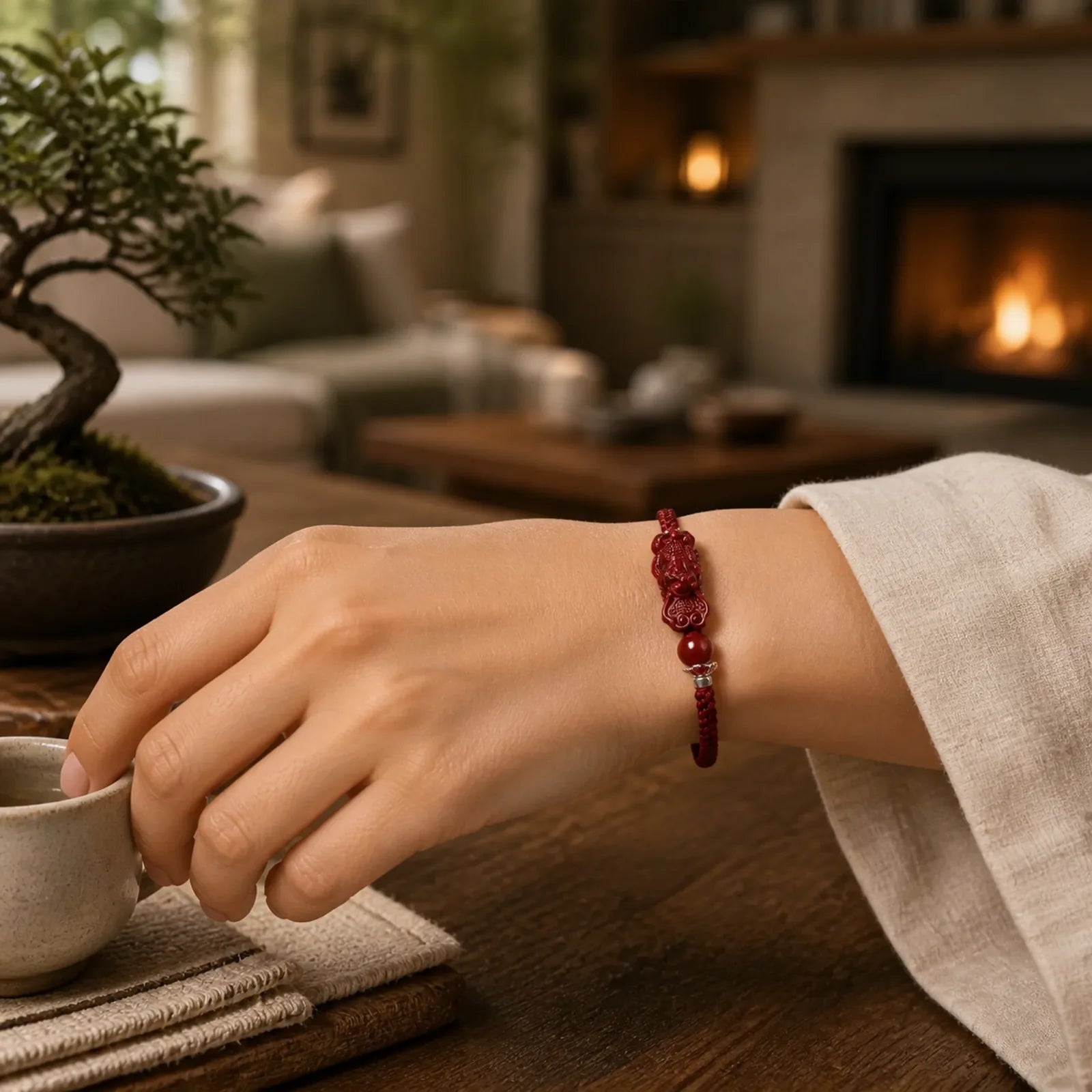 Handcrafted PiXiu Cinnabar Wealth Luck Braided Bracelet featuring Pixiu, Cinnabar, Red String