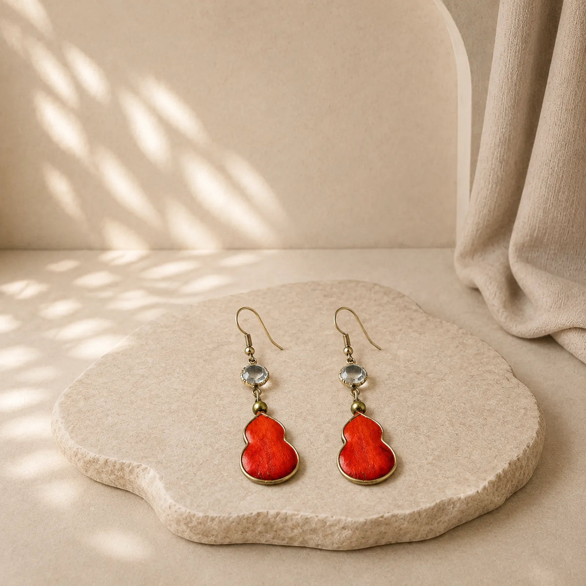 Handcrafted Red Silk Art Gourd Glass Blessing Fortune Hook Earrings featuring Handcrafted Silk Art with Heritage, Copper, Silver