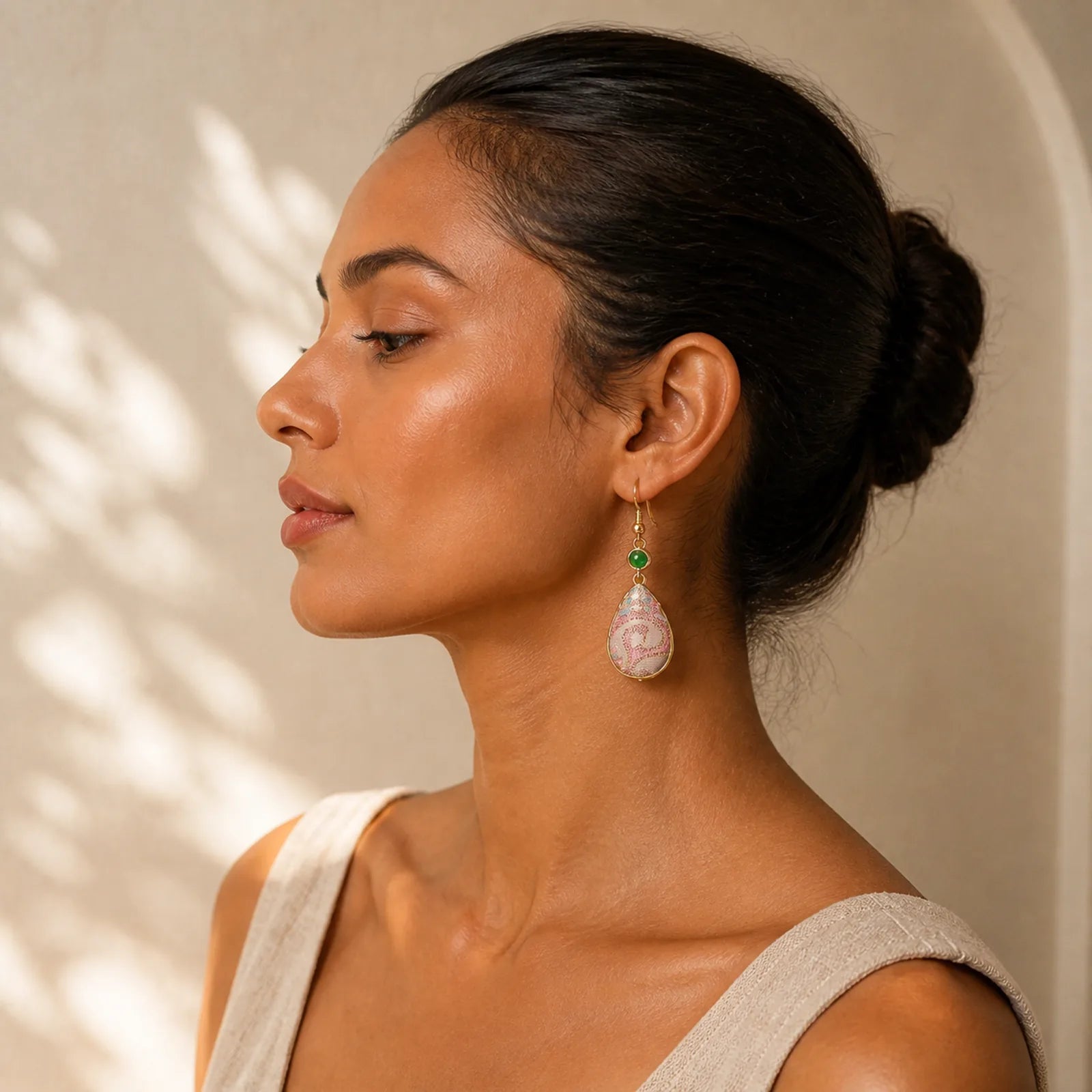 Handcrafted Silk Art Colorful Patterns Harmony Teardrop Earrings featuring Jade