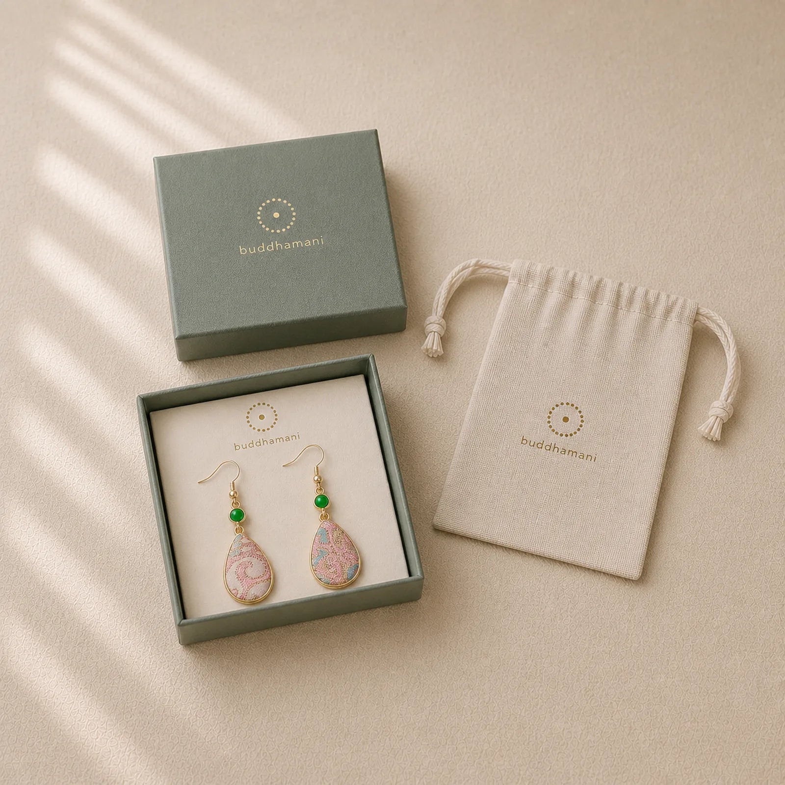 Handcrafted Silk Art Colorful Patterns Harmony Teardrop Earrings featuring Jade