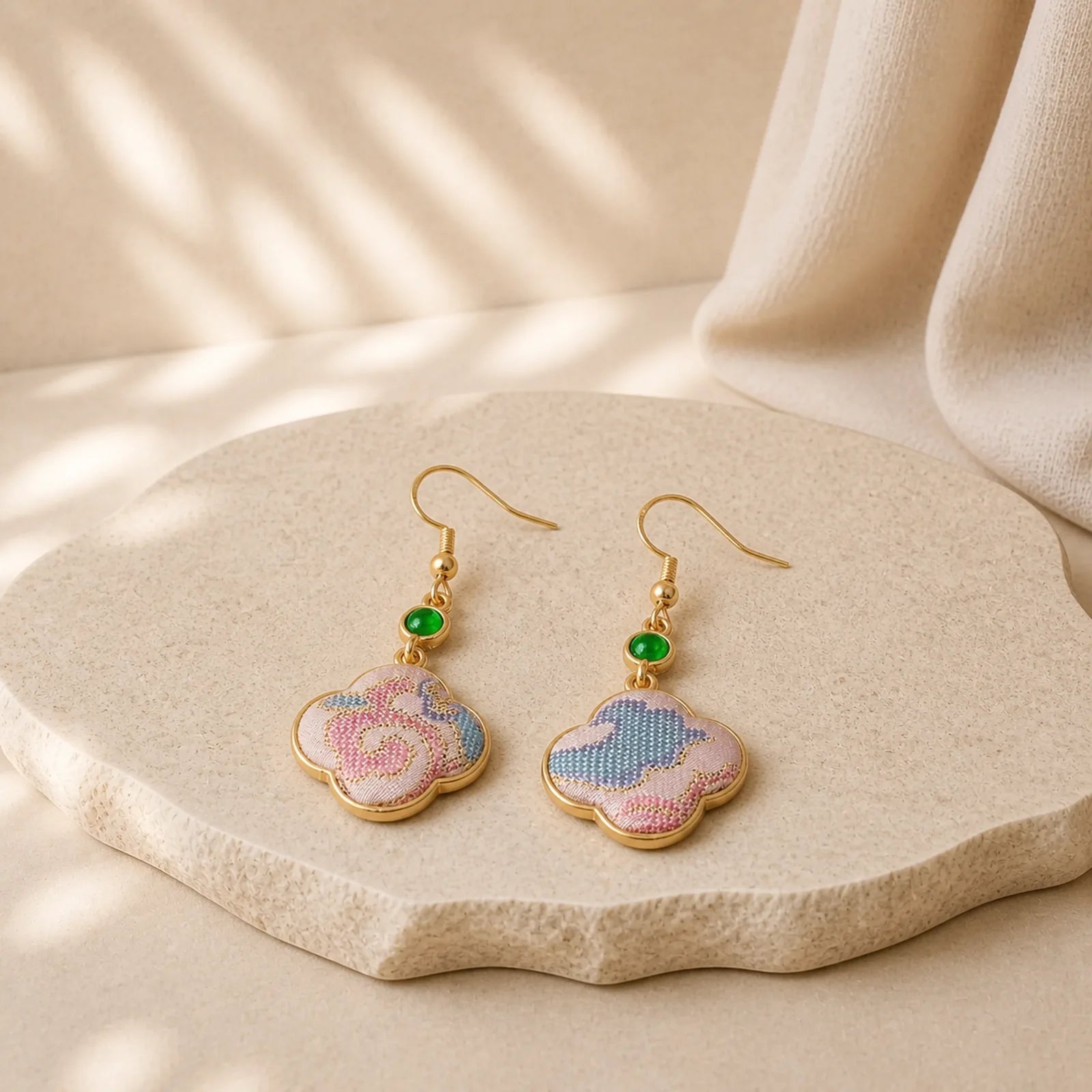 Handcrafted Silk Art Floral Shaped Colorful Patterns Teardrop Earrings featuring Jade