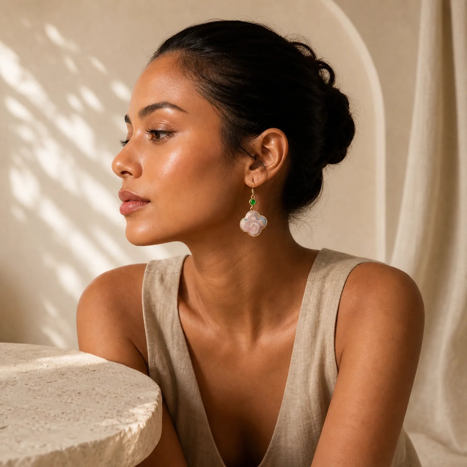 Handcrafted Silk Art Floral Shaped Colorful Patterns Teardrop Earrings featuring Jade