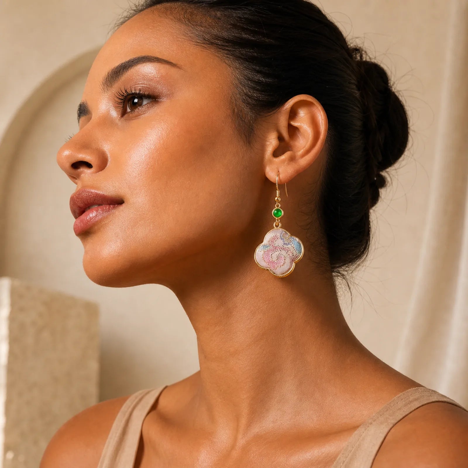 Handcrafted Silk Art Floral Shaped Colorful Patterns Teardrop Earrings featuring Jade