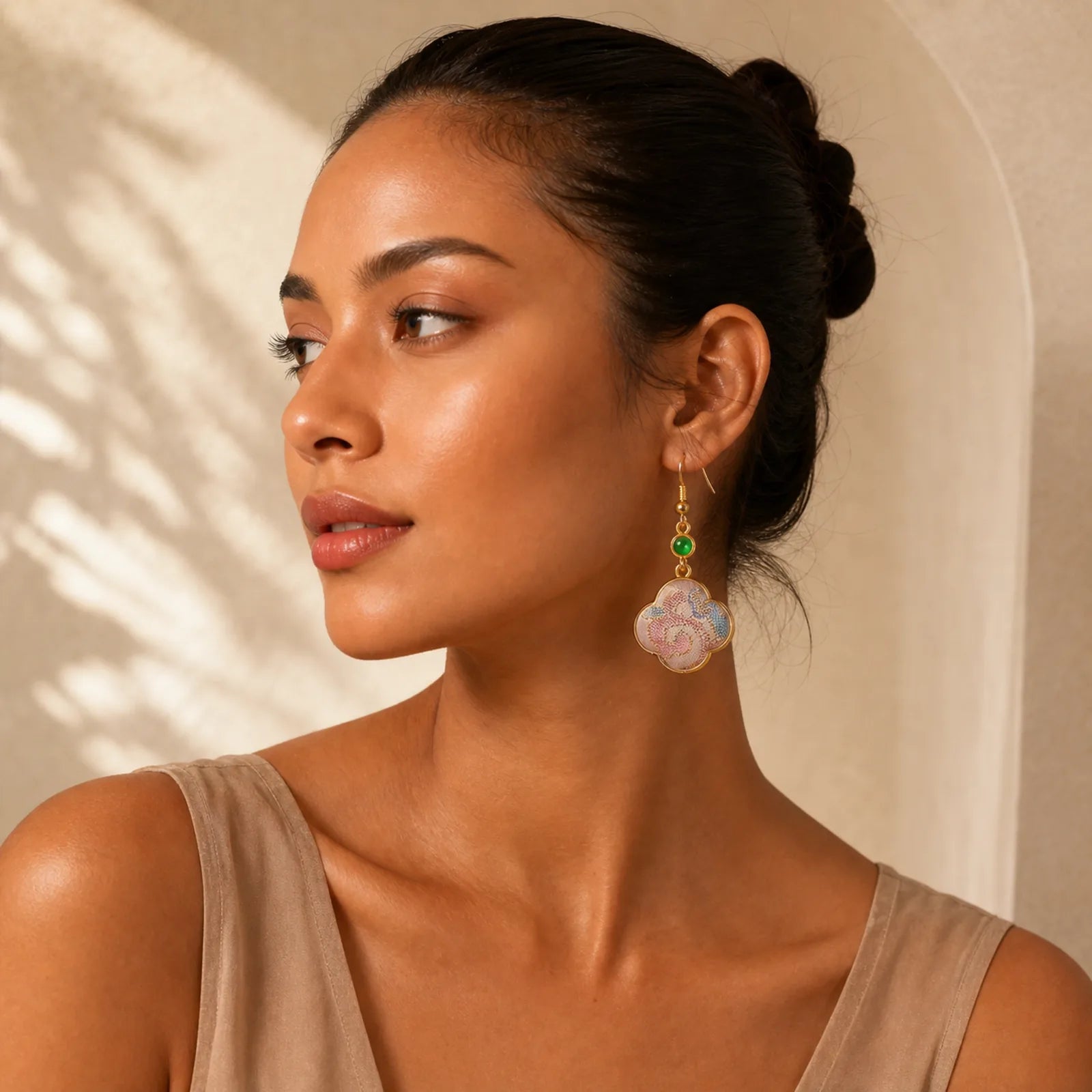 Handcrafted Silk Art Floral Shaped Colorful Patterns Teardrop Earrings featuring Jade