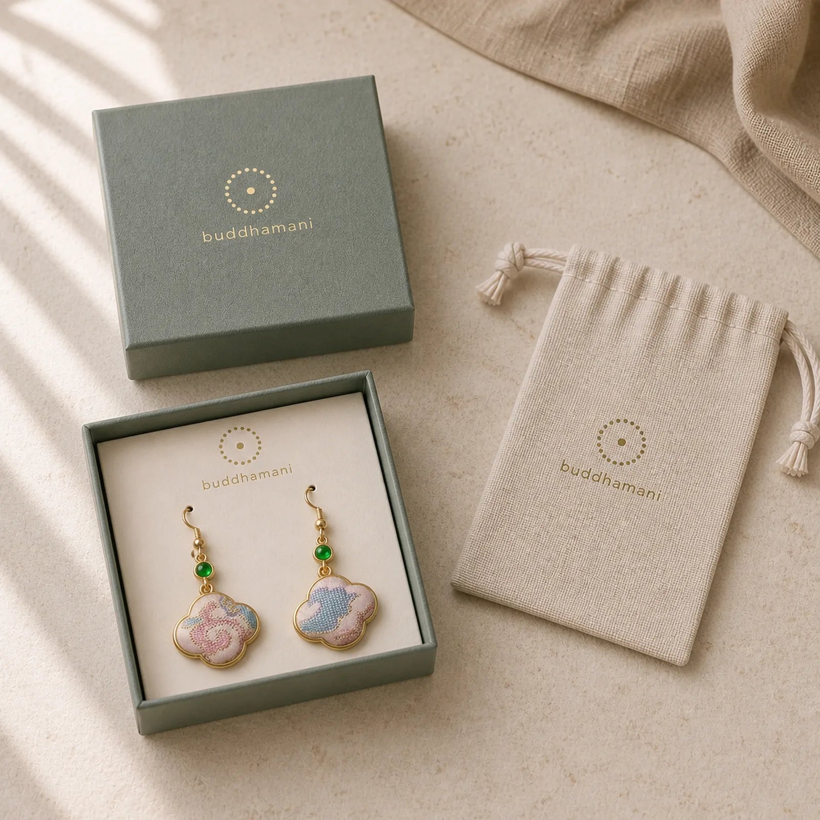 Handcrafted Silk Art Floral Shaped Colorful Patterns Teardrop Earrings featuring Jade