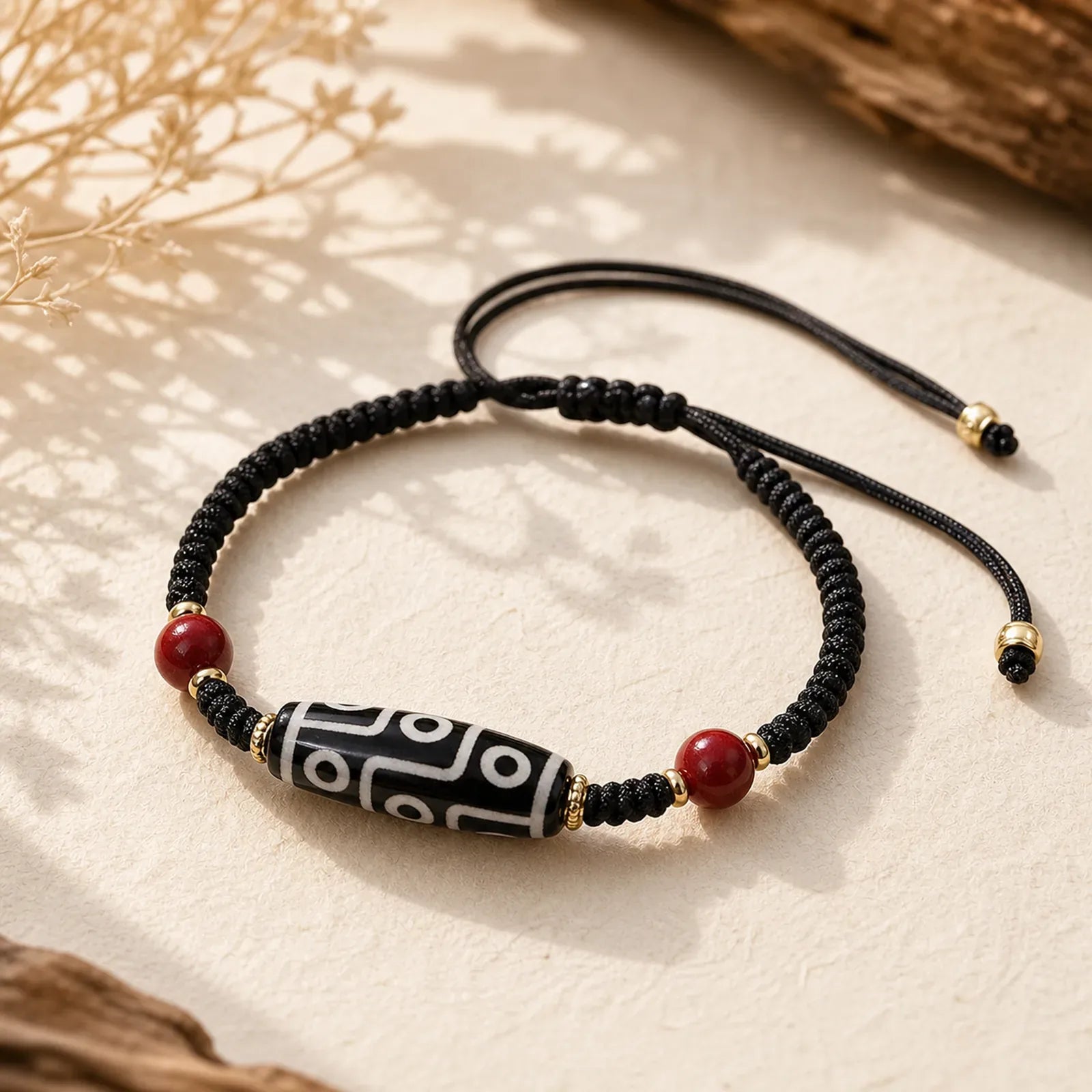Handcrafted Tibetan Nine-eye Dzi Bead Protection Bracelet featuring Nine-Eye Dzi Bead, Dzi Bead, Cinnabar