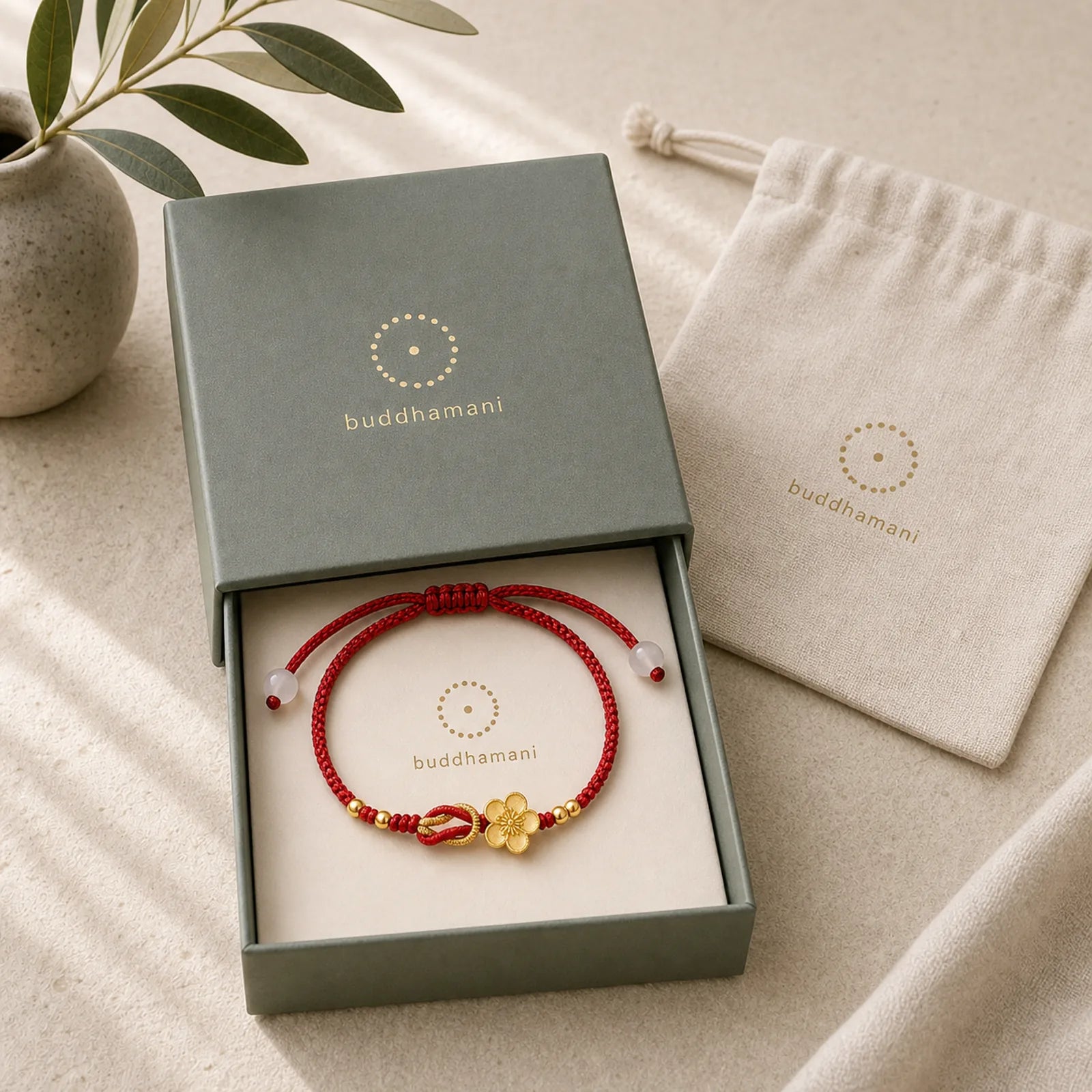 Handmade 925 Sterling Silver Cherry Blossoms Sakura Chalcedony Luck Bracelet featuring Silver, Chalcedony, Red String