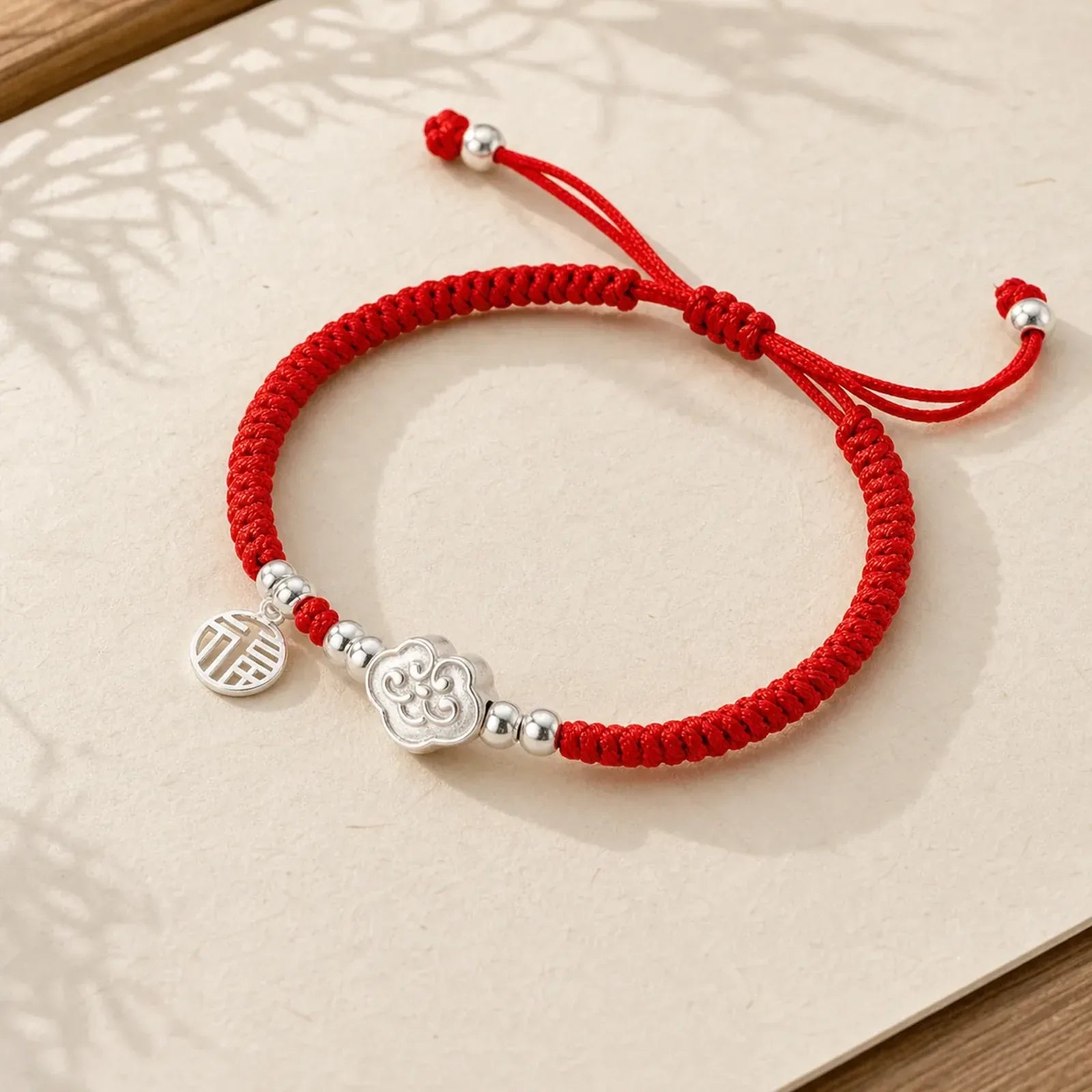 Handmade 925 Sterling Silver Fu Character Auspicious Clouds Blessing Braided Rope Bracelet featuring Silver, Fu Character, Red String