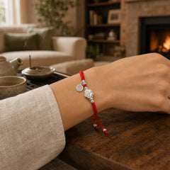Handmade 925 Sterling Silver Fu Character Auspicious Clouds Blessing Braided Rope Bracelet featuring Silver, Fu Character, Red String