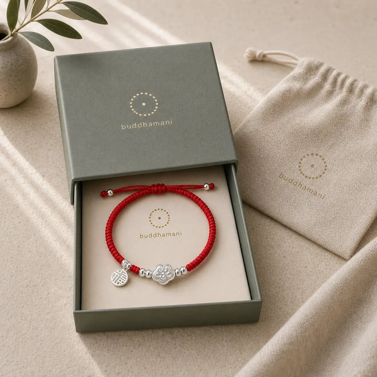 Handmade 925 Sterling Silver Fu Character Auspicious Clouds Blessing Braided Rope Bracelet featuring Silver, Fu Character, Red String