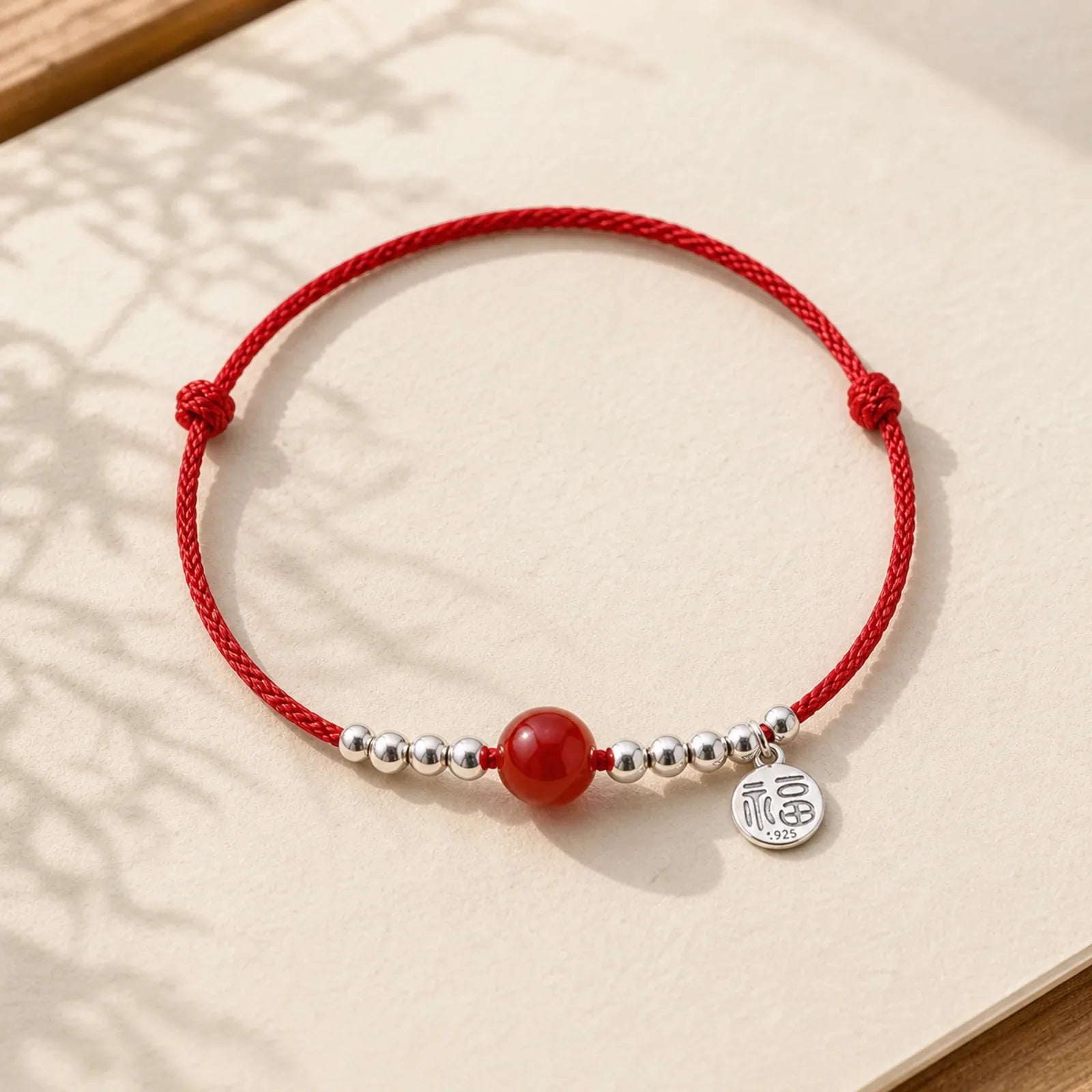 Handmade 925 Sterling Silver Fu Character Red Agate Fortune Braided Ultra-Thin Rope Bracelet featuring Silver, Fu Character, Red Agate