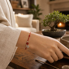 Handmade 925 Sterling Silver Fu Character Red Agate Fortune Braided Ultra-Thin Rope Bracelet featuring Silver, Fu Character, Red Agate