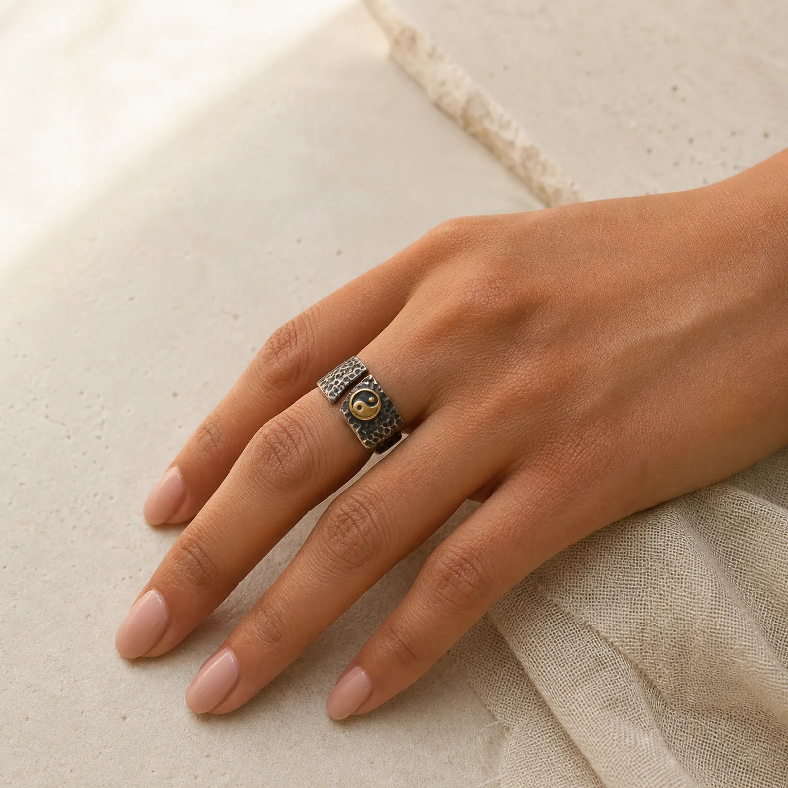 Handmade 999 Sterling Silver 999 Gold Yin Yang Textured Balance Ring featuring Silver, Yin Yang Symbol
