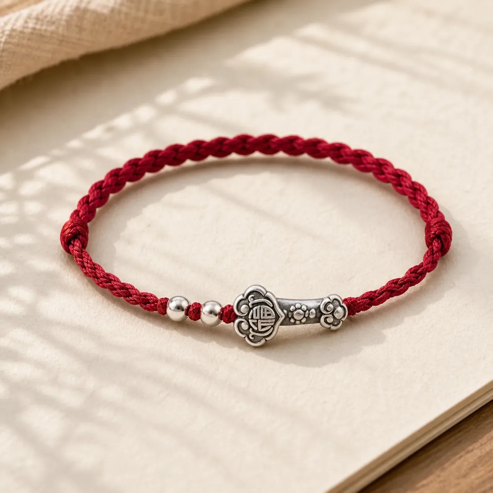 Handmade 999 Sterling Silver Fu Character Wish Ruyi Handle Fortune Rope Bracelet Anklet featuring Silver, Fu Character, Red String