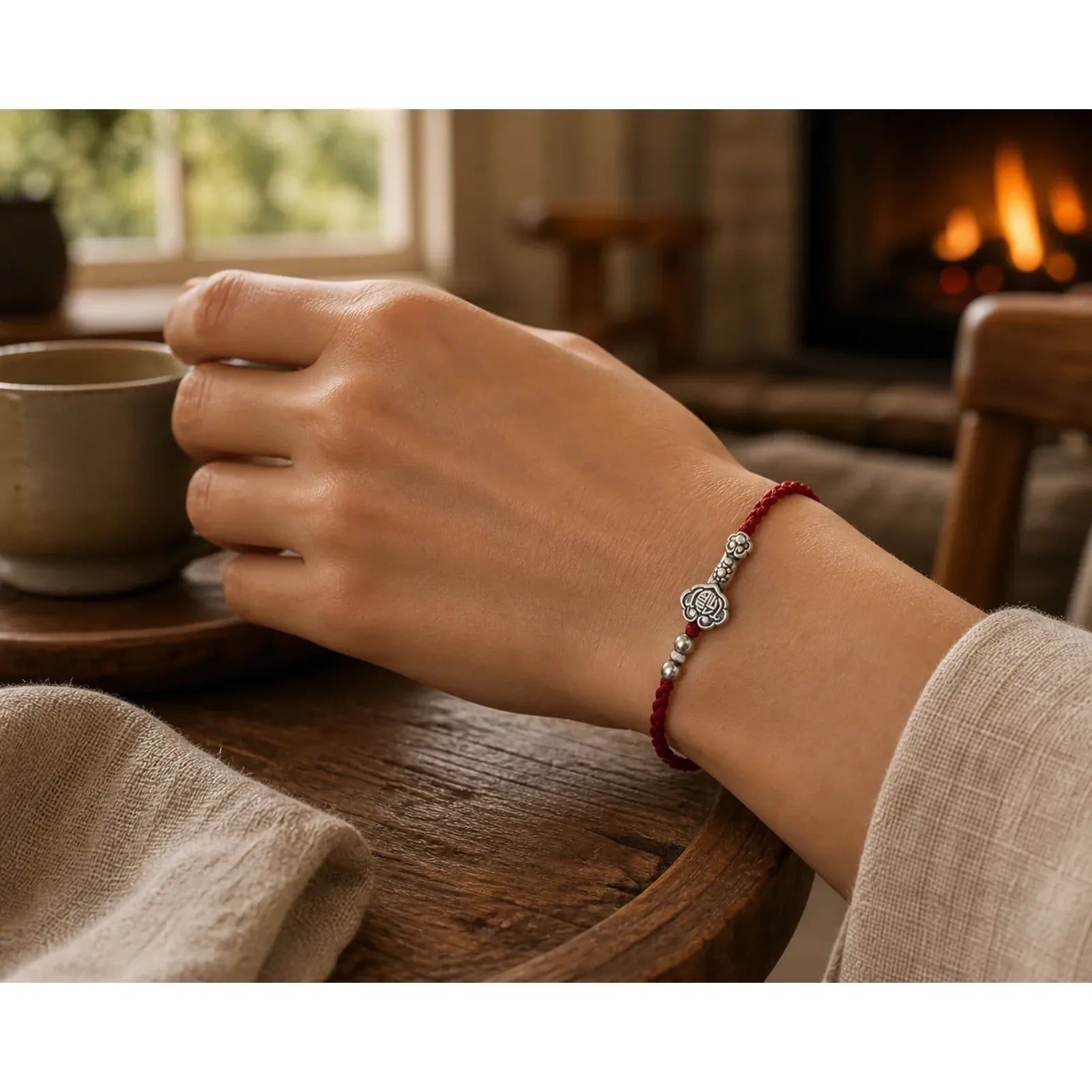 Handmade 999 Sterling Silver Fu Character Wish Ruyi Handle Fortune Rope Bracelet Anklet featuring Silver, Fu Character, Red String