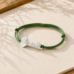 Handmade 999 Sterling Silver Fu Character Wish Ruyi Handle Luck Braided Green Rope Bracelet featuring Silver, Fu Character