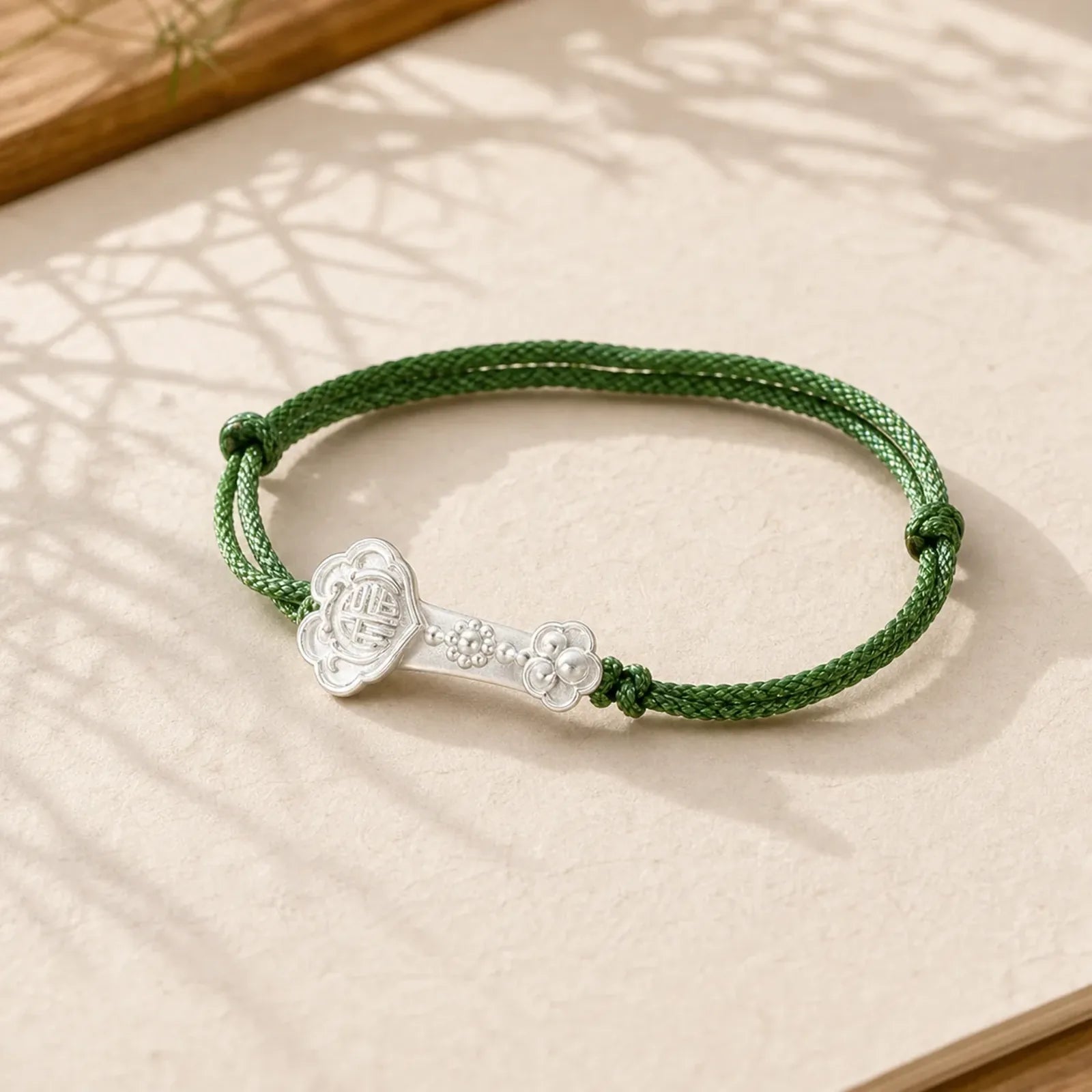 Handmade 999 Sterling Silver Fu Character Wish Ruyi Handle Luck Braided Green Rope Bracelet featuring Silver, Fu Character