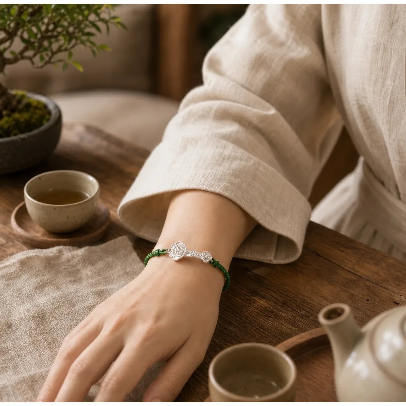 Handmade 999 Sterling Silver Fu Character Wish Ruyi Handle Luck Braided Green Rope Bracelet featuring Silver, Fu Character