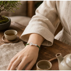 Handmade 999 Sterling Silver Fu Character Wish Ruyi Handle Luck Braided Green Rope Bracelet featuring Silver, Fu Character