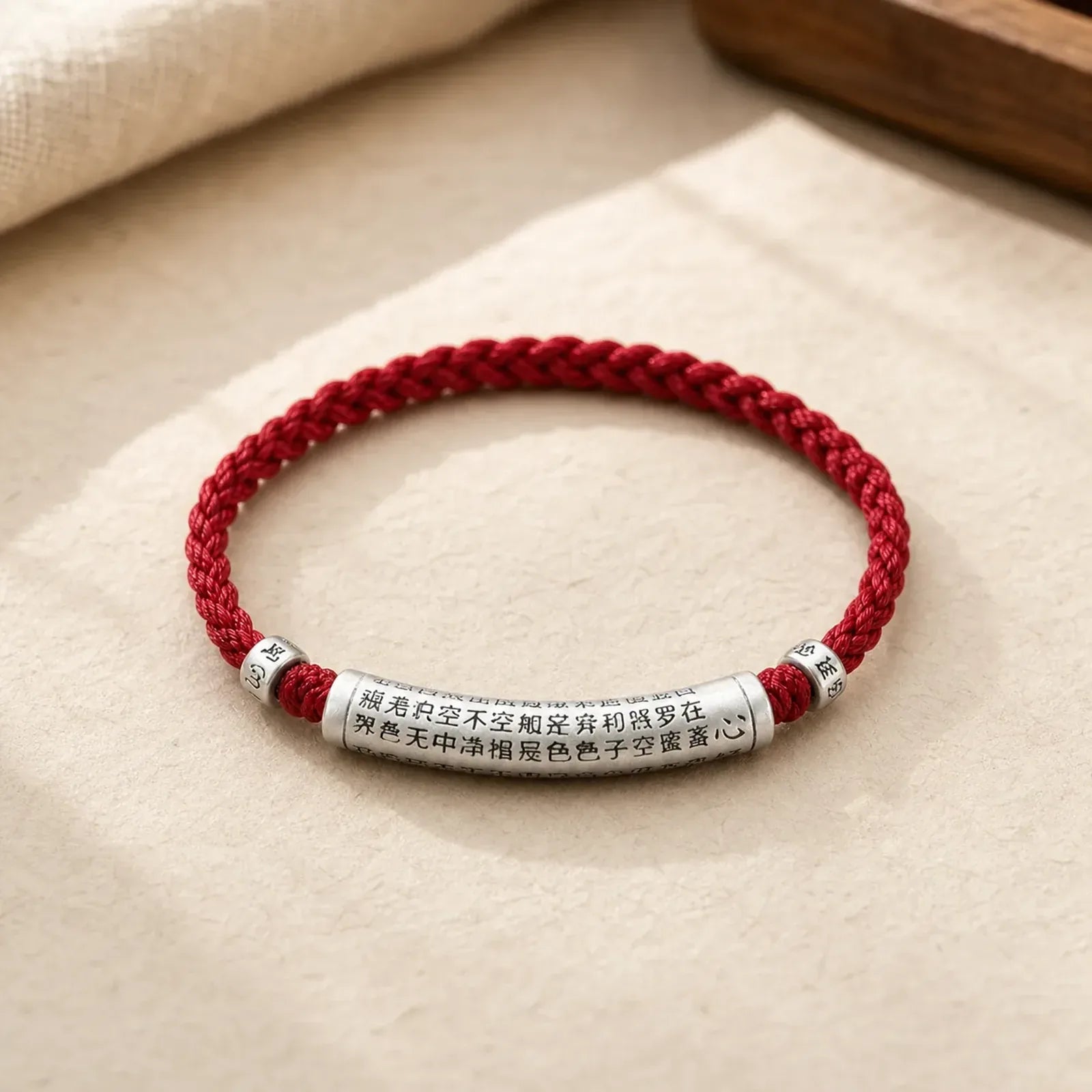 Handmade 999 Sterling Silver Om Mani Padme Hum Heart Sutra Carved Luck Rope Bracelet Anklet featuring Silver, Om Mani Padme Hum, Om