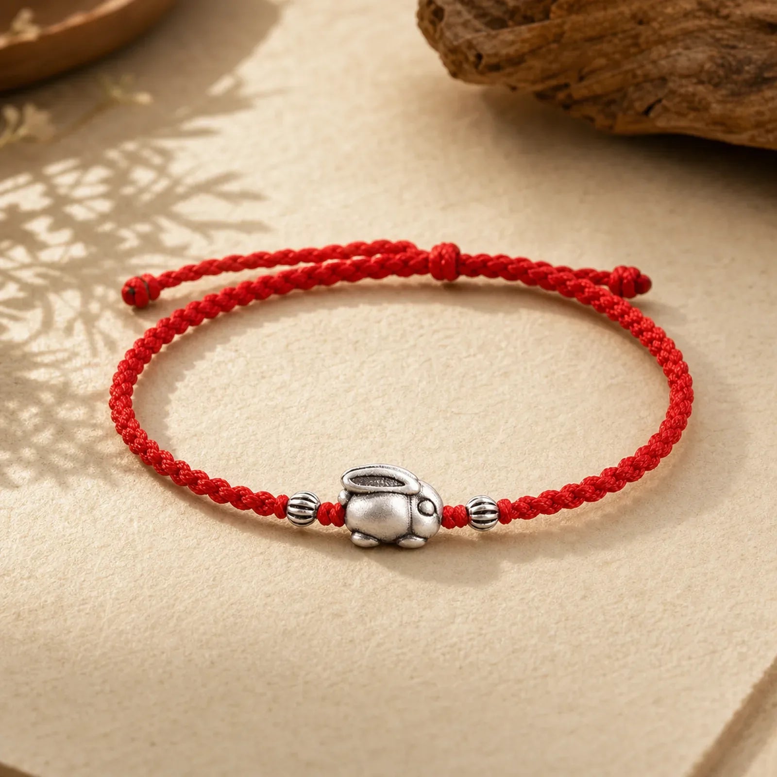 Handmade 999 Sterling Silver Rabbit Luck Rope Bracelet Anklet featuring Silver, Red String