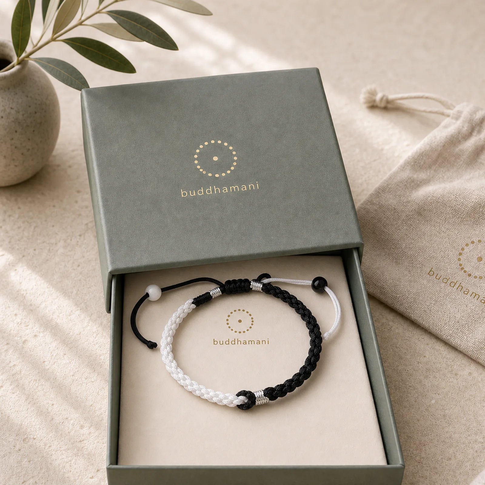 Handmade Black White Rope Braided Healing Bracelet featuring