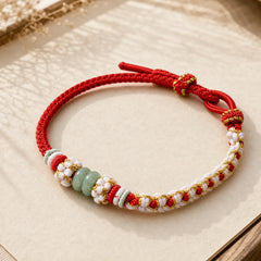 Handmade Braided Chinese Knotting Peach Blossoms Jade Luck Adjustable Bracelet featuring Chinese Knotting, Jade, Red String