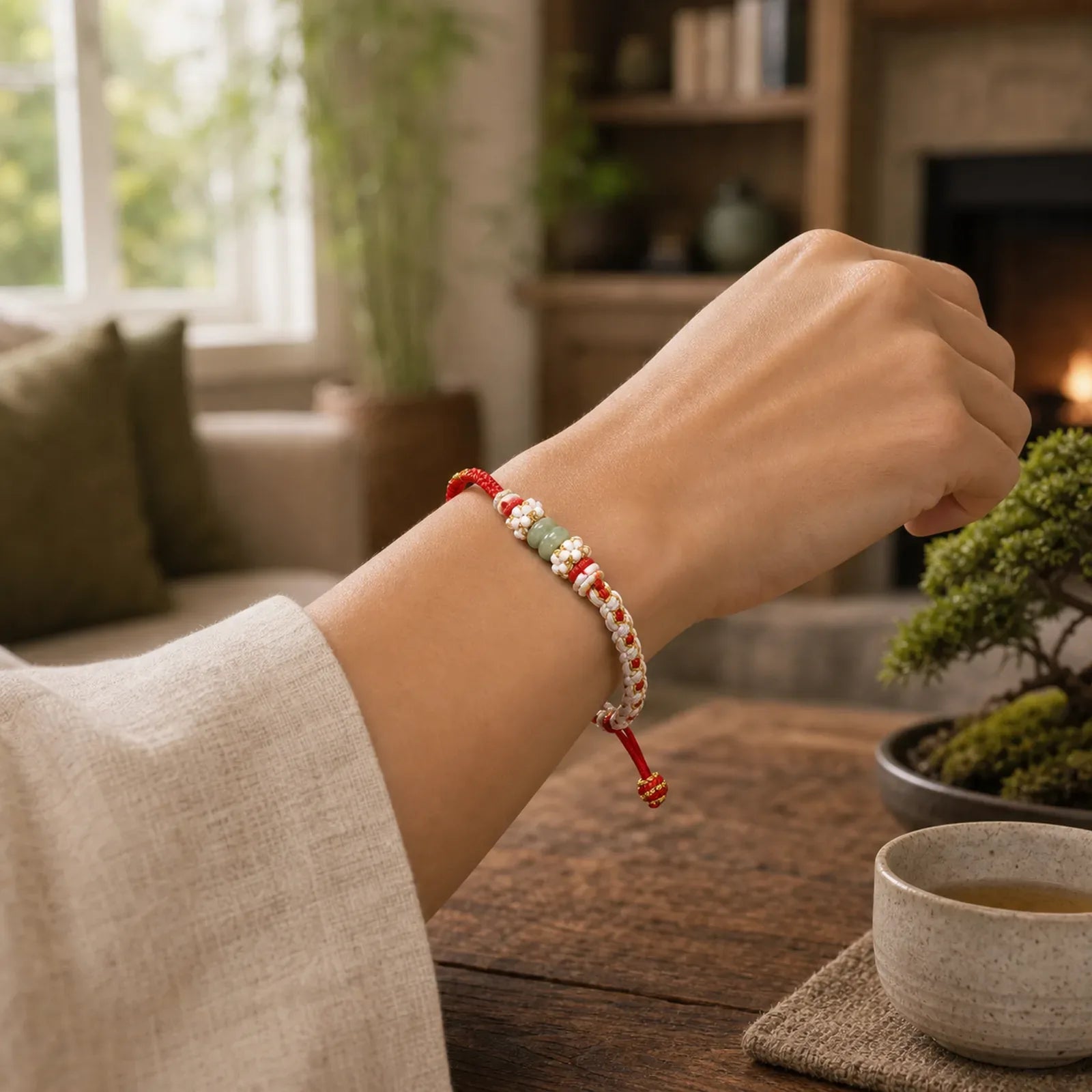 Handmade Braided Chinese Knotting Peach Blossoms Jade Luck Adjustable Bracelet featuring Chinese Knotting, Jade, Red String