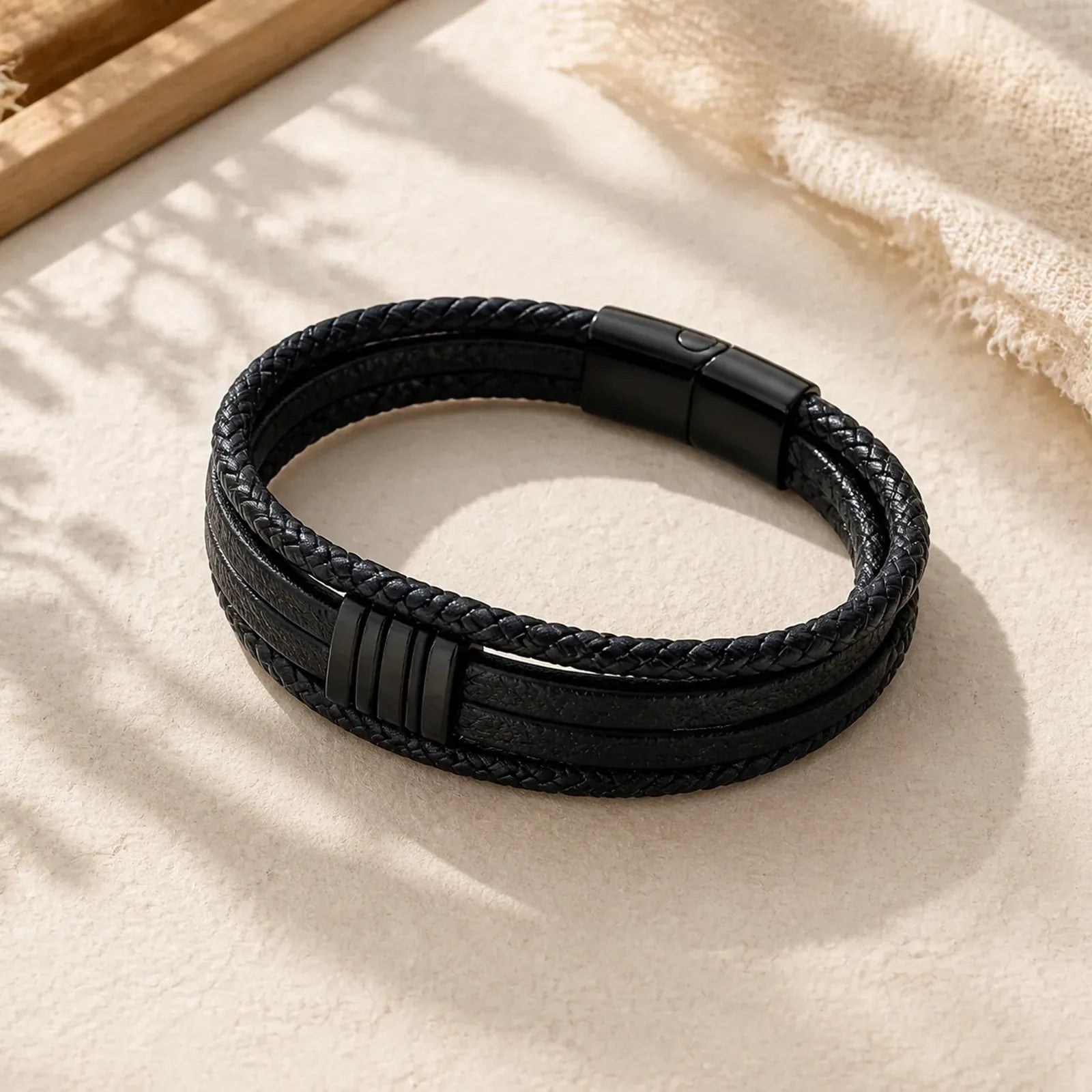 Handmade Braided Leather Calm Titanium Steel Buckle Bracelet featuring Titanium Steel