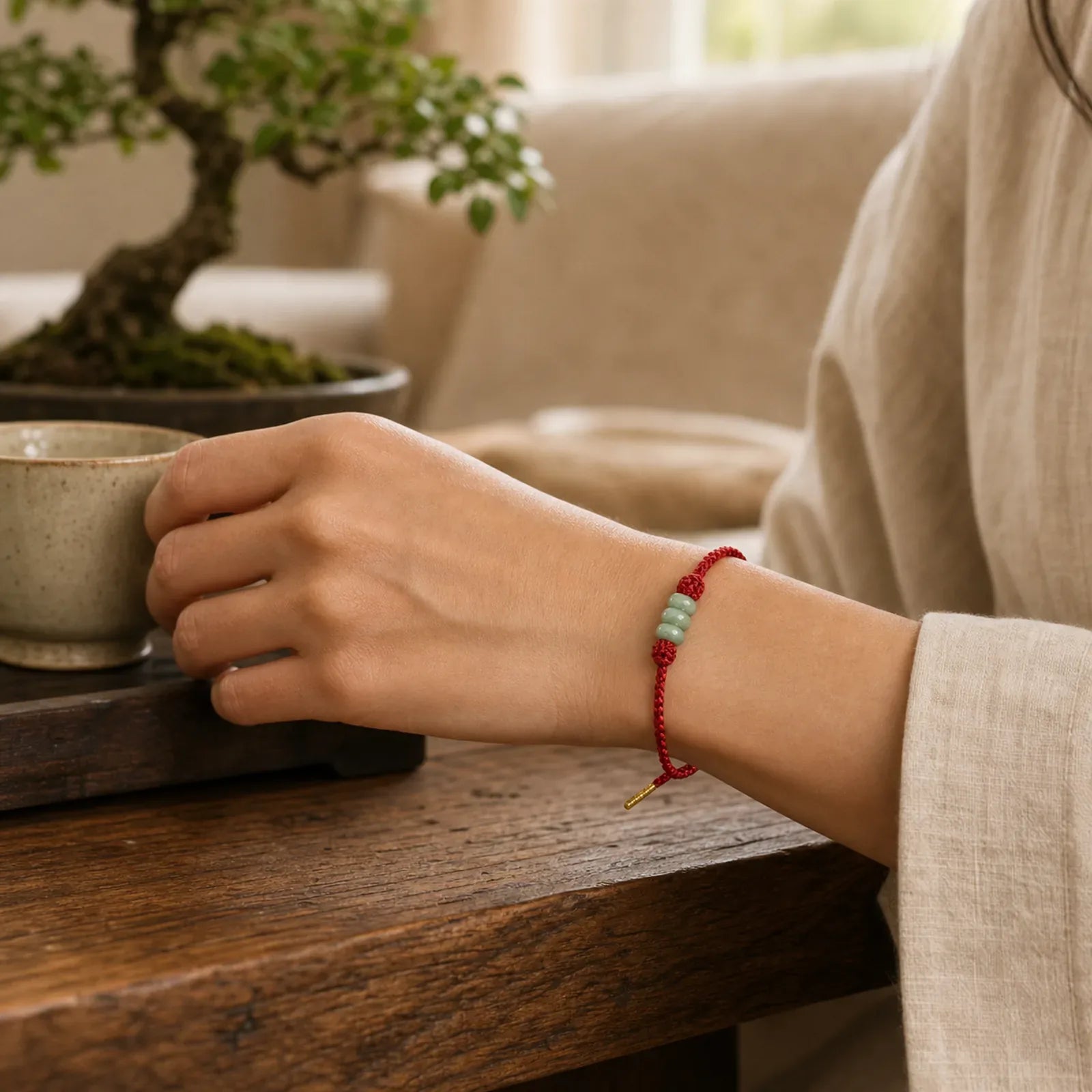 Handmade Braided Red String 3mm Jade Beads Protection Adjustable DIY Bracelet featuring Red String, Jade, Copper