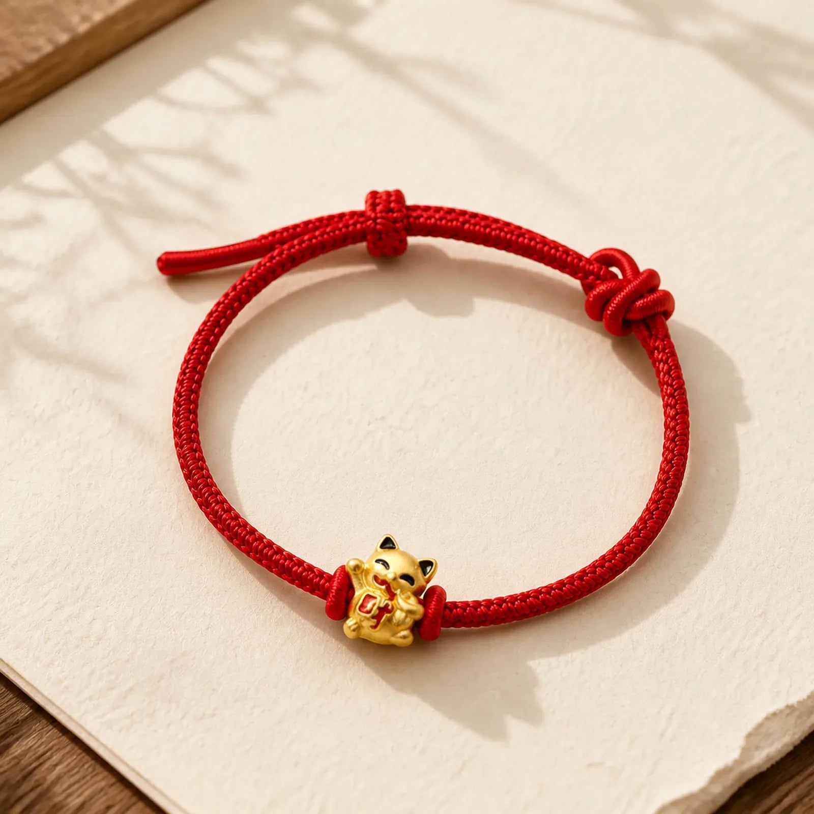 Handmade Braided Red String Golden Lucky Cat Fortune Adjustable Bracelet featuring Red String, Copper