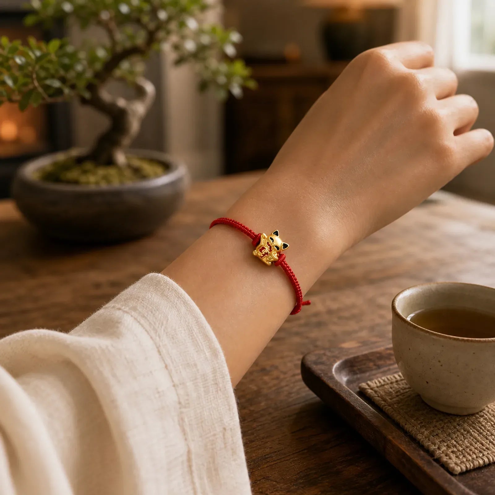 Handmade Braided Red String Golden Lucky Cat Fortune Adjustable Bracelet featuring Red String, Copper