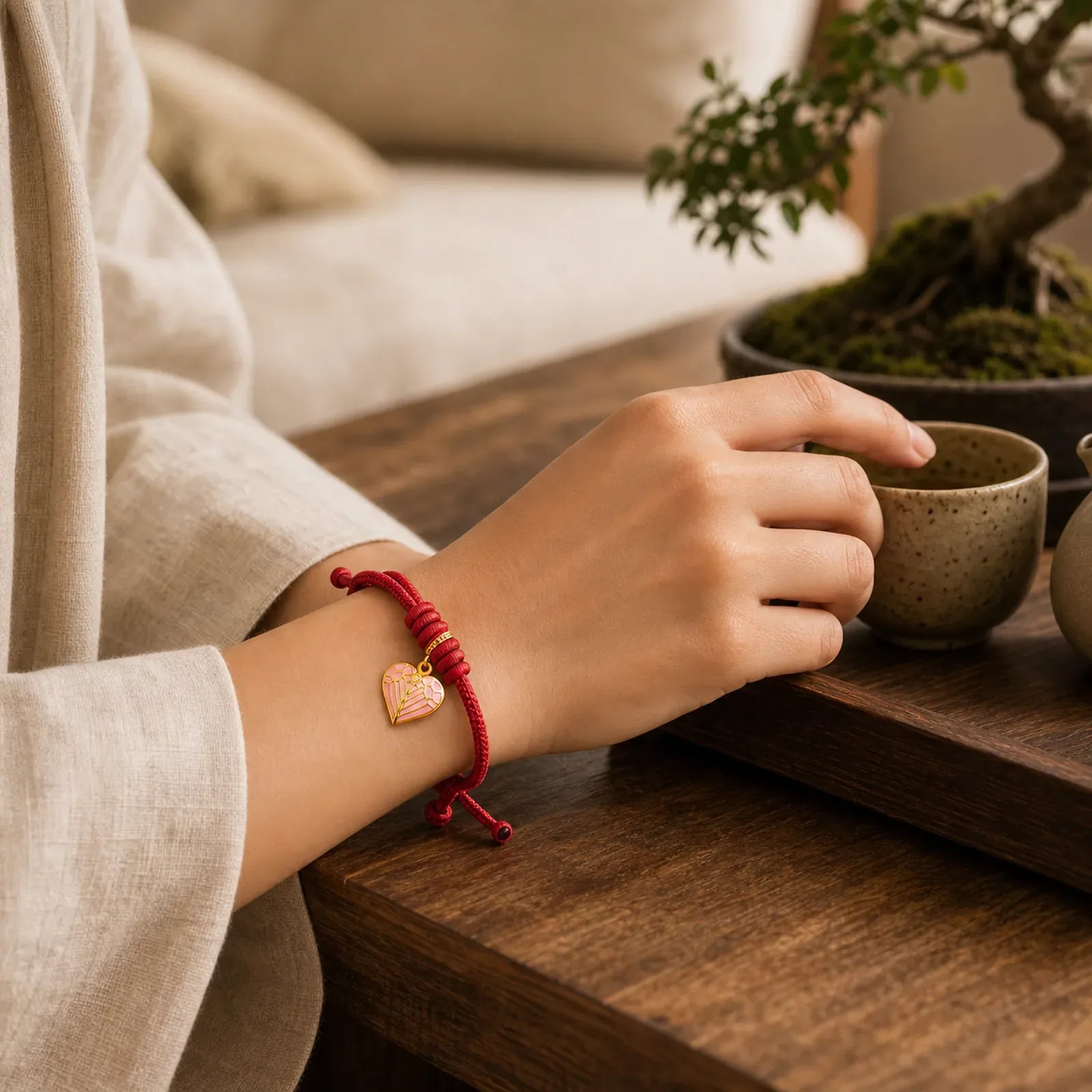 Handmade Braided Red String Love Heart Charm Protection Luck Bracelet featuring Red String, Copper